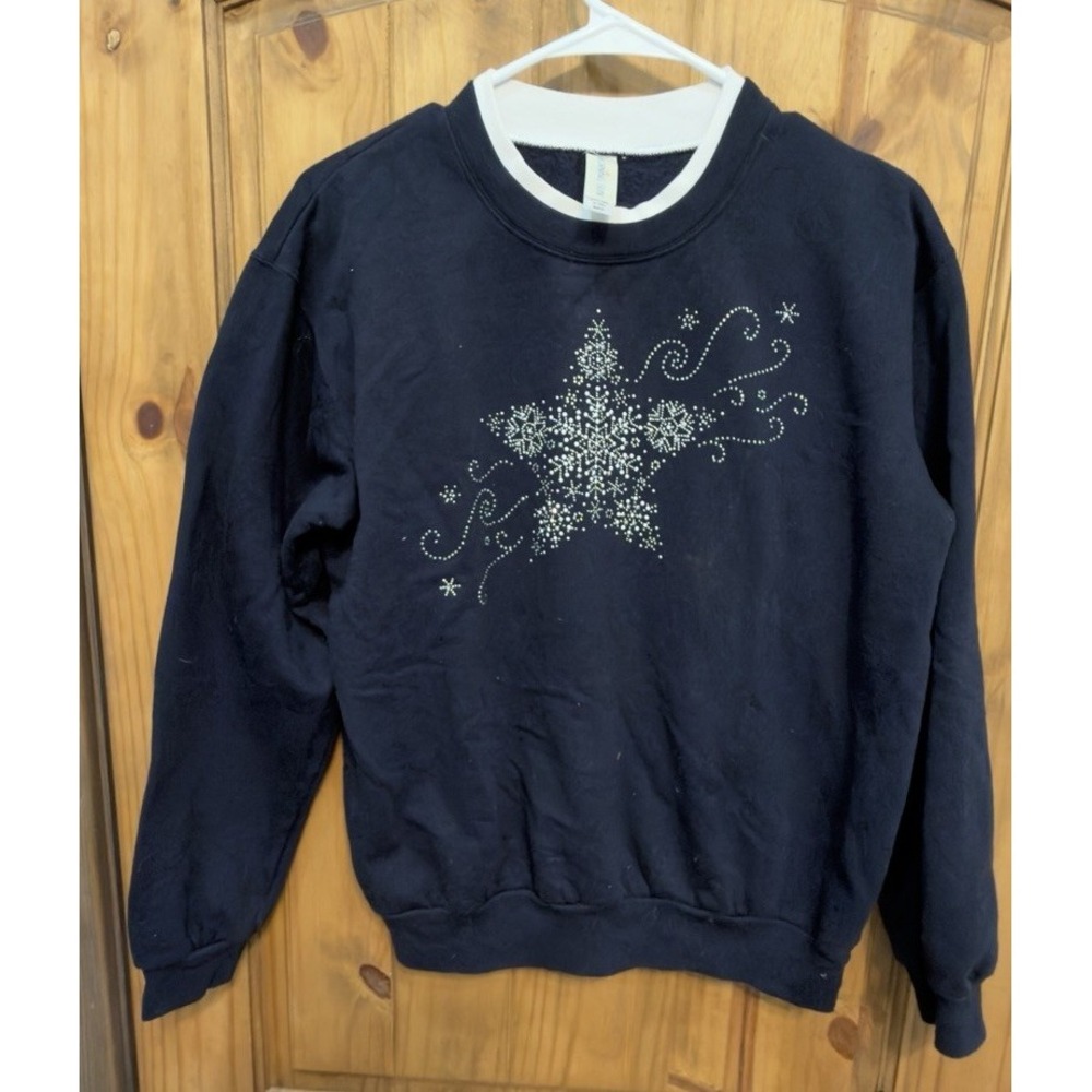 Morning Sun Womens M Navy Snowflake Rhinestone Sweatshirt Winter Christmas